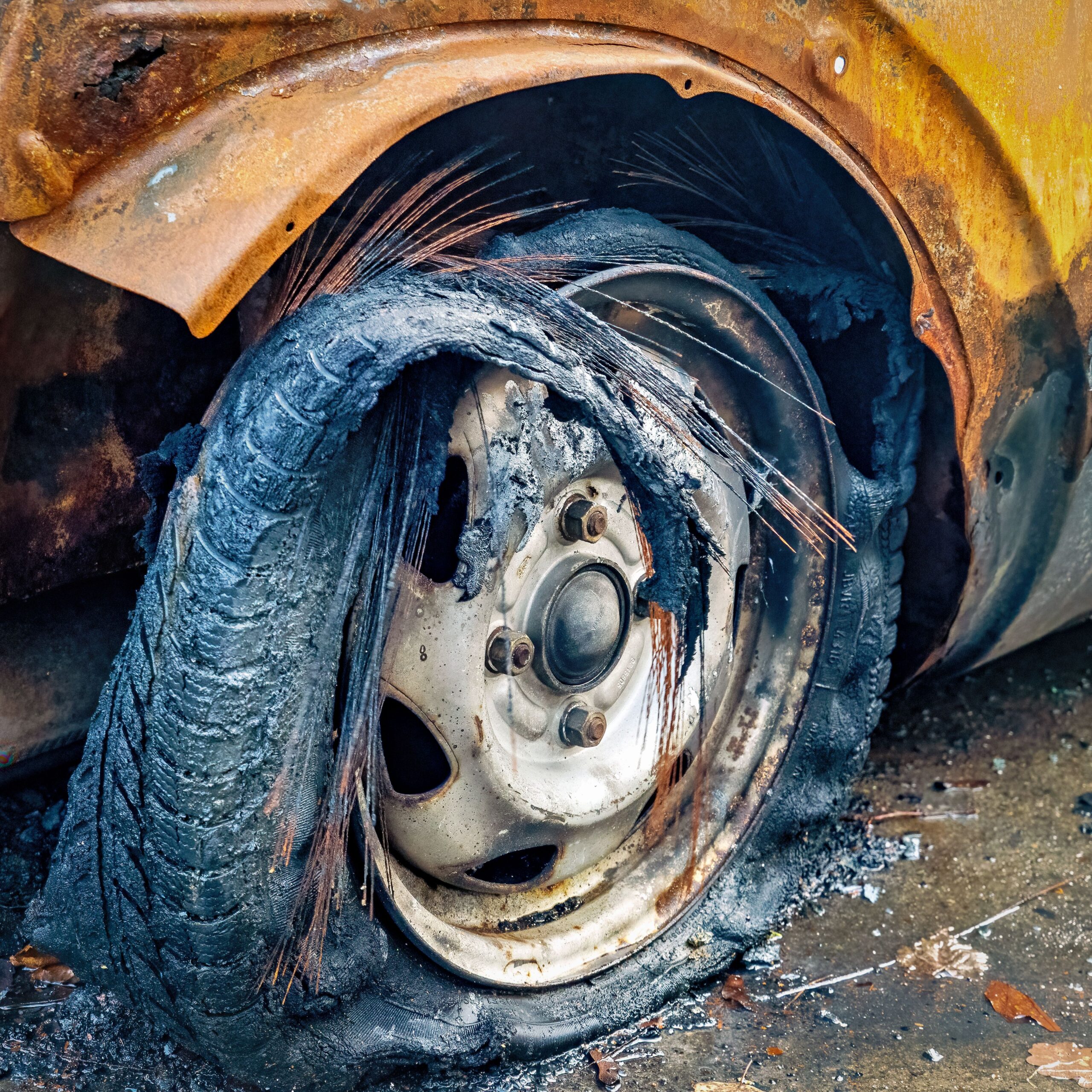 A close-up of an old, rusty wheel of a burnt yellow car